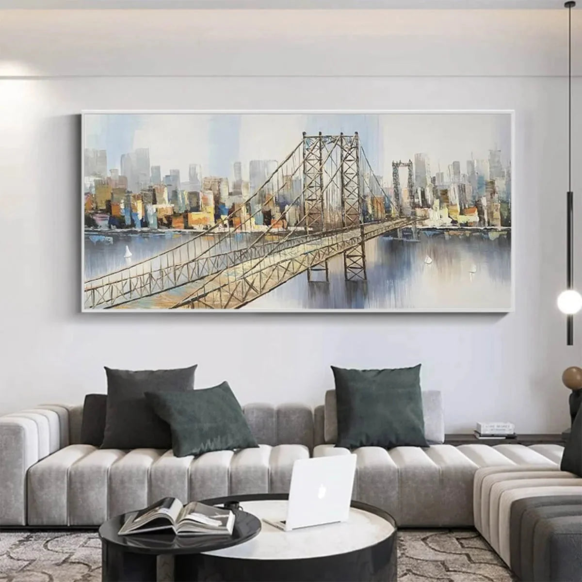 URBAN CONNECTIVITY: Panoramic Cityscape Oil Painting with Bridge | Abstract closeup, raised brushwork detail