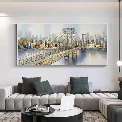 URBAN CONNECTIVITY: Panoramic Cityscape Oil Painting with Bridge | Abstract closeup, raised brushwork detail