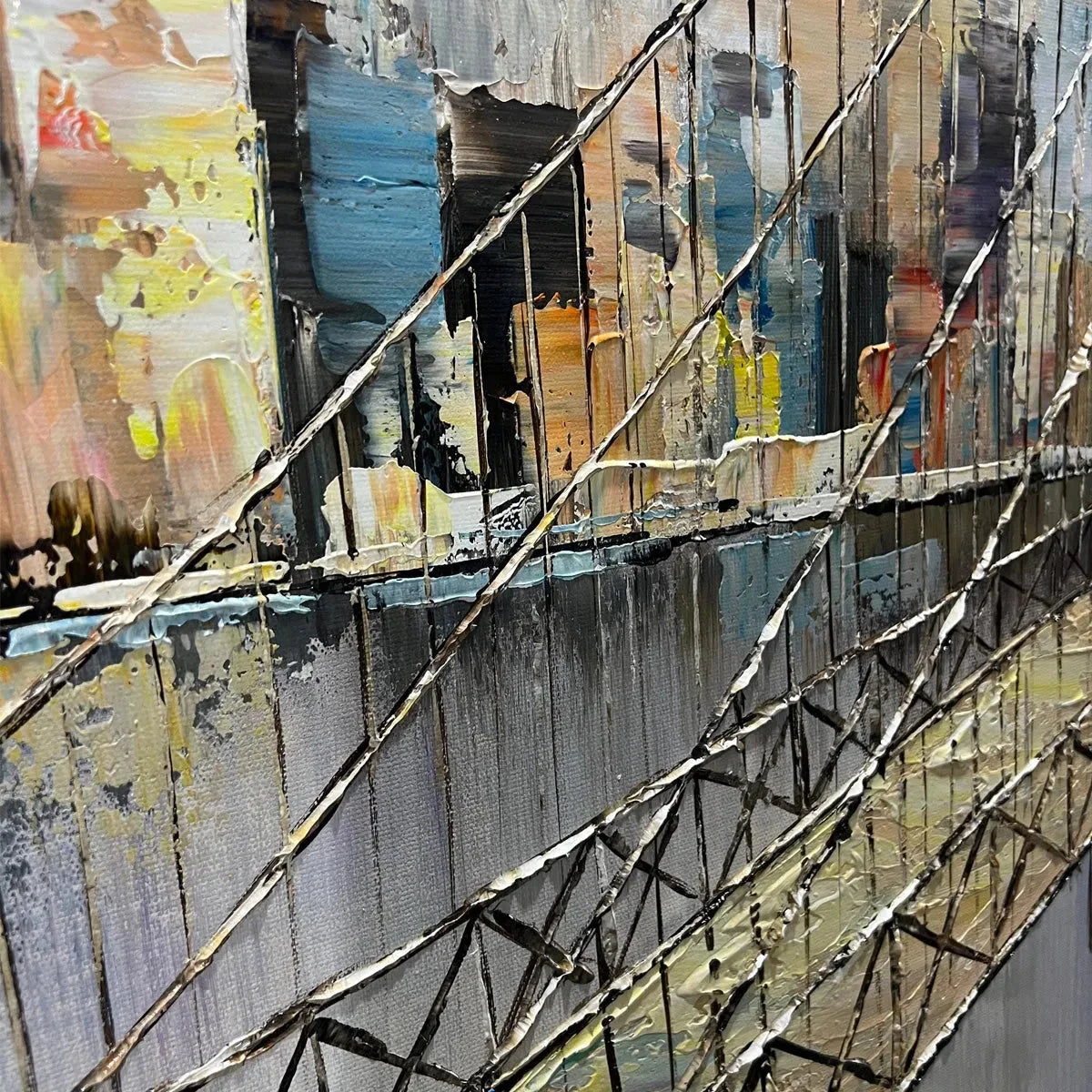 URBAN CONNECTIVITY: Panoramic Cityscape Oil Painting with Bridge | rectangular format, hand-painted canvas edge