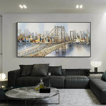 URBAN CONNECTIVITY: Panoramic Cityscape Oil Painting with Bridge | gold frame stretched on neutral wall