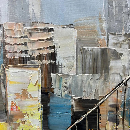 URBAN CONNECTIVITY: Panoramic Cityscape Oil Painting with Bridge | rolled canvas, ready for custom framing