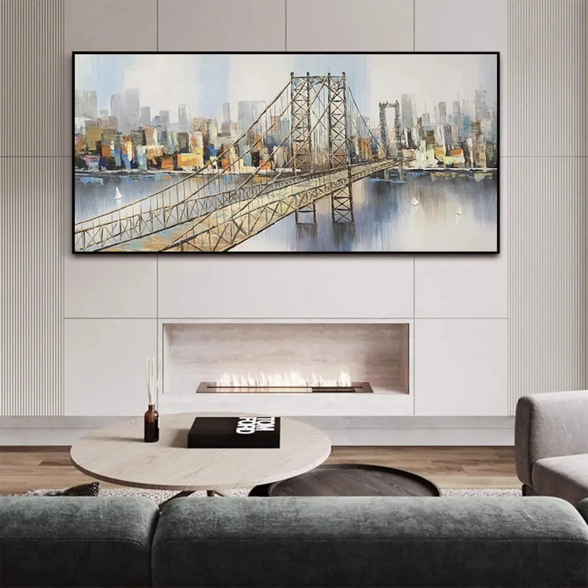URBAN CONNECTIVITY: Panoramic Cityscape Oil Painting with Bridge | black frame version on white wall