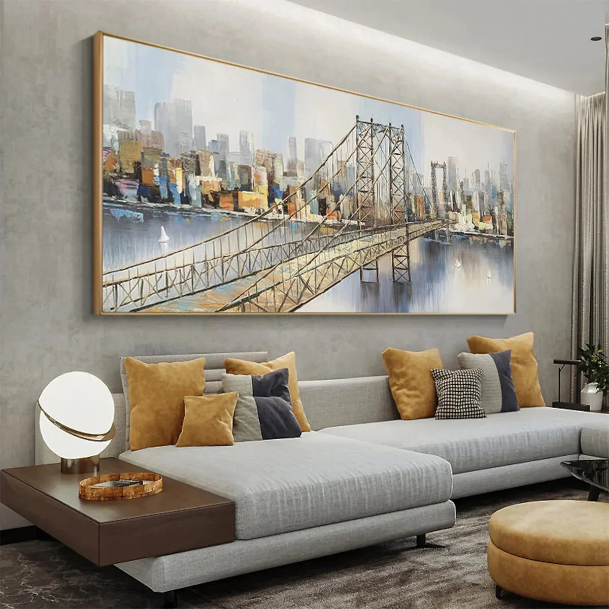 URBAN CONNECTIVITY: Panoramic Cityscape Oil Painting with Bridge | Abstract mood, soft natural light studio shot