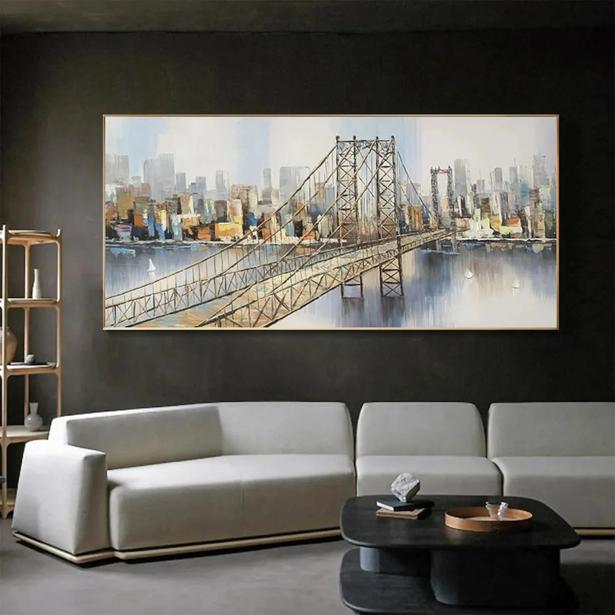 URBAN CONNECTIVITY: Panoramic Cityscape Oil Painting with Bridge | multi-color palette, original oil on stretched canvas art