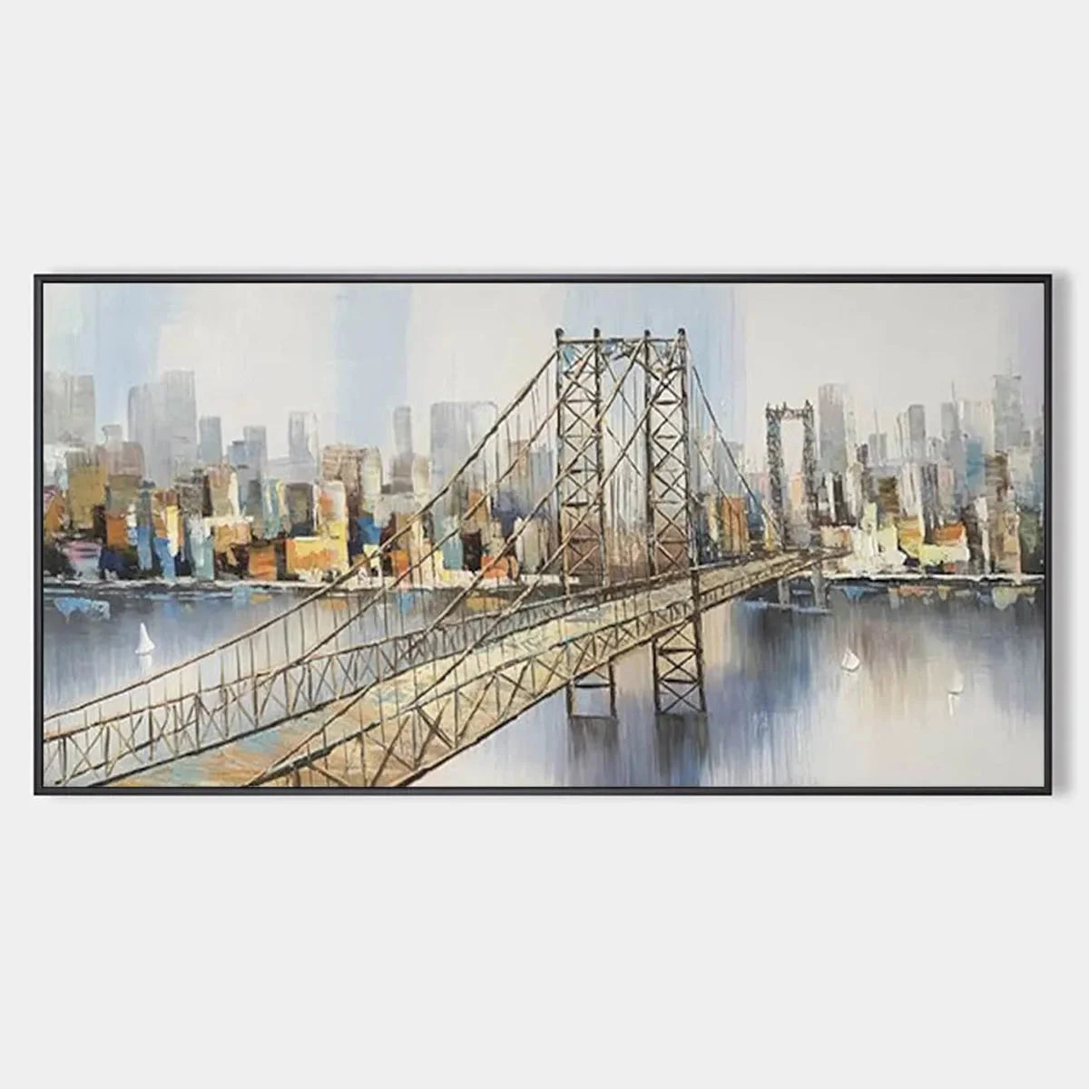 URBAN CONNECTIVITY: Panoramic Cityscape Oil Painting with Bridge | hanging in living room, Abstract wall art