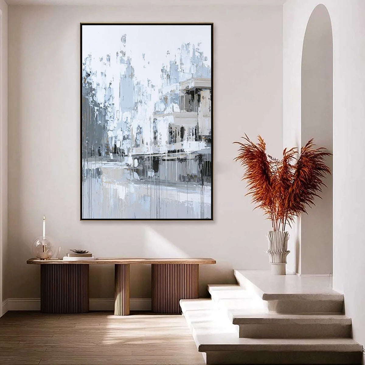 URBAN ECHO: Abstract Minimalist Cityscape Painting | gold frame stretched on neutral wall