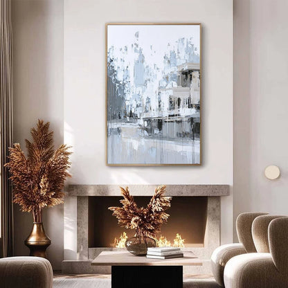 URBAN ECHO: Abstract Minimalist Cityscape Painting | black frame version on white wall