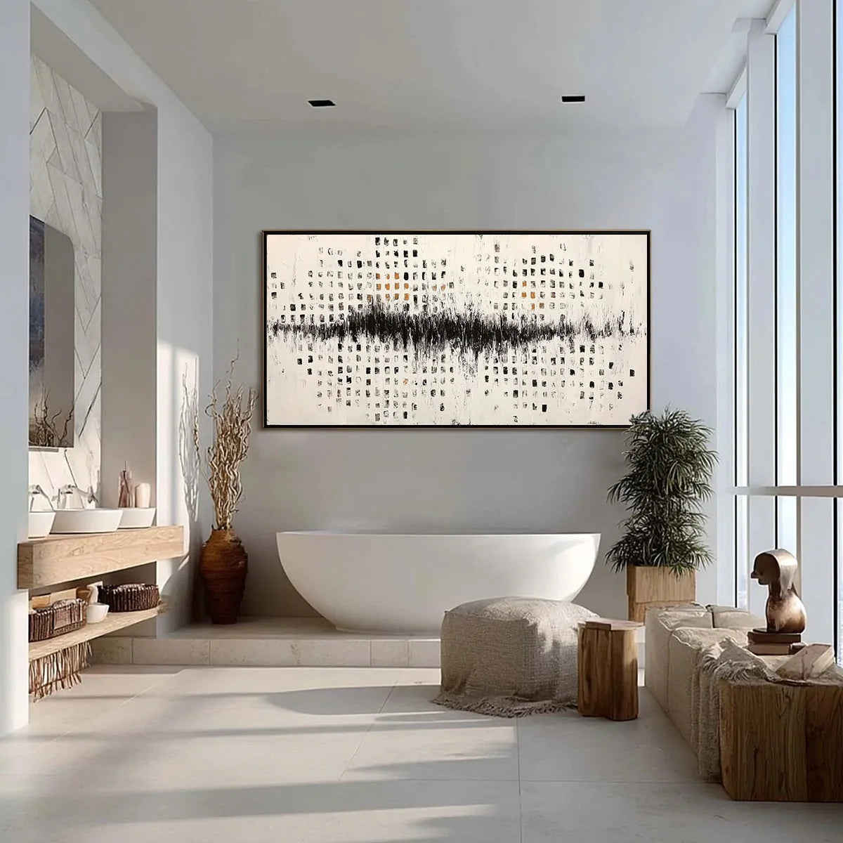 URBAN ECHO: Large Black and White Textured Abstract Painting | gold frame stretched on neutral wall