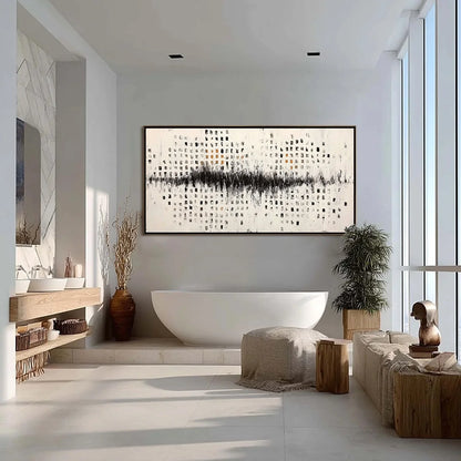 URBAN ECHO: Large Black and White Textured Abstract Painting | gold frame stretched on neutral wall