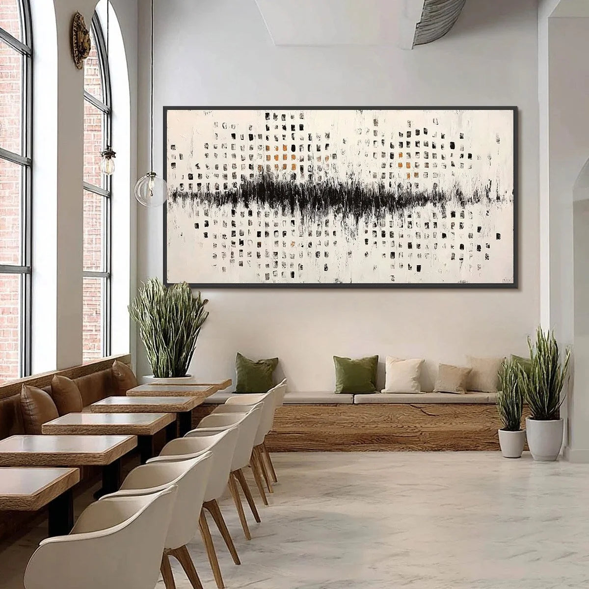 URBAN ECHO: Large Black and White Textured Abstract Painting | black frame version on white wall