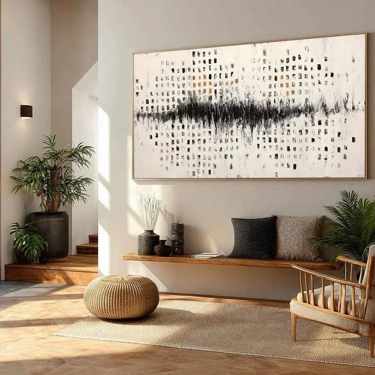 URBAN ECHO: Large Black and White Textured Abstract Painting | beige palette, original oil on stretched canvas art