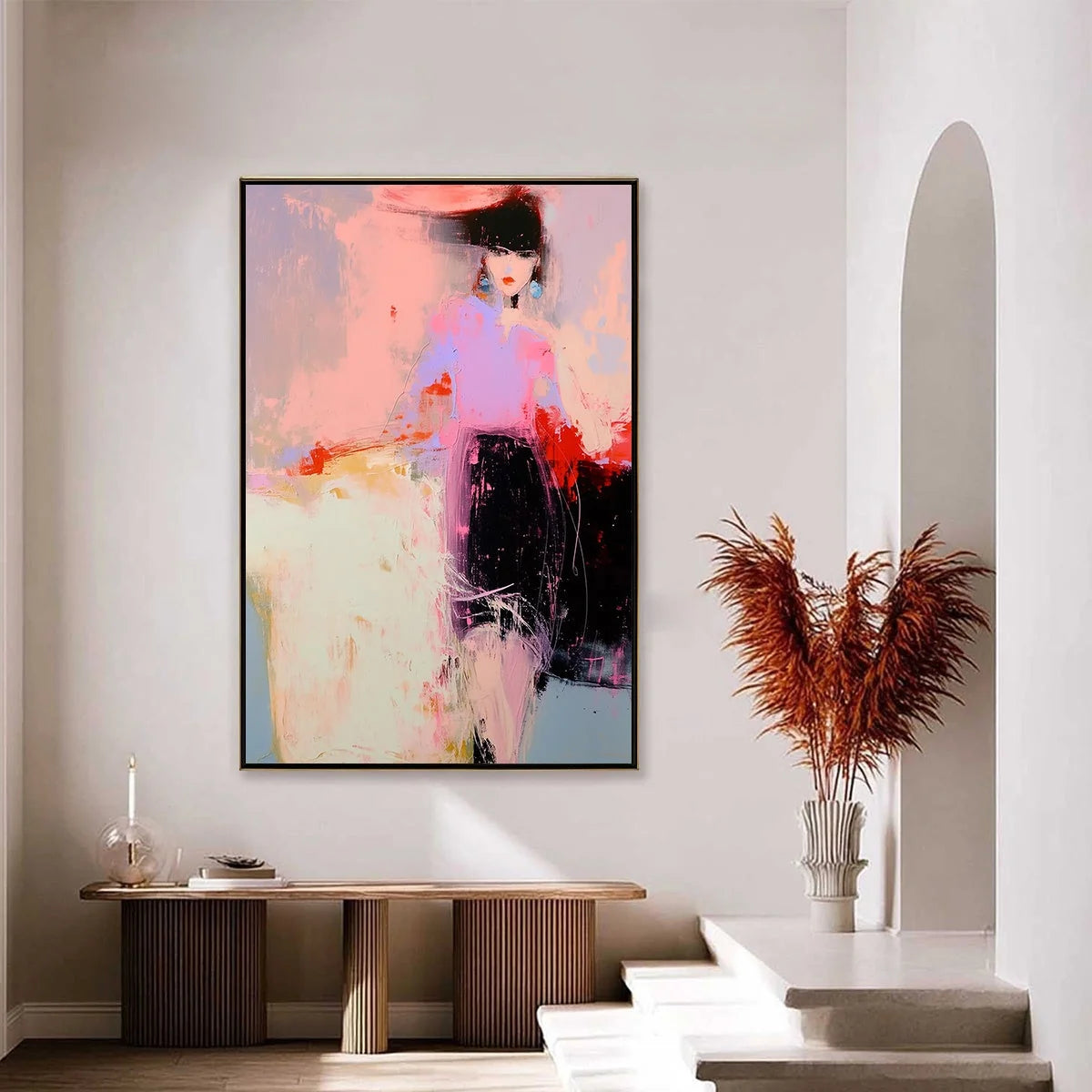 URBAN ENIGMA: Modern Abstract Figurative Portrait Painting | gold frame stretched on neutral wall