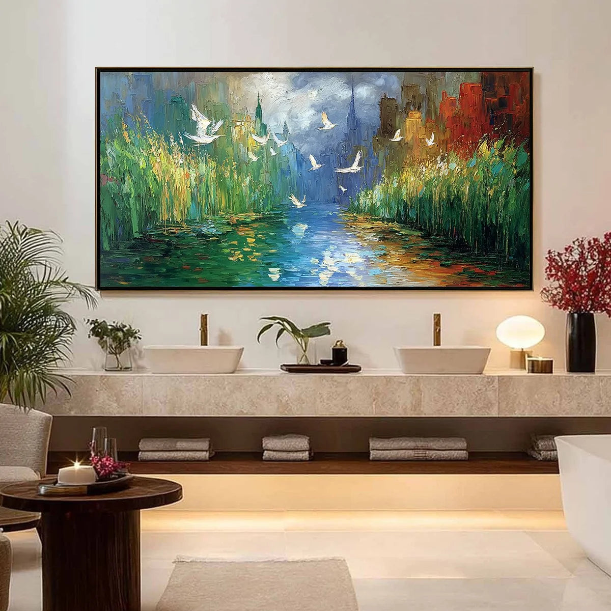URBAN EXODUS: Colorful Abstract Cityscape Painting with Palette Knife Texture | gold frame stretched on neutral wall