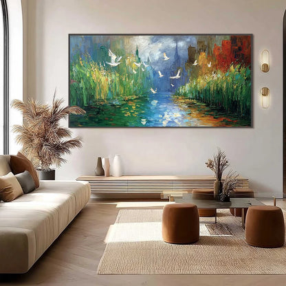 URBAN EXODUS: Colorful Abstract Cityscape Painting with Palette Knife Texture | black frame version on white wall