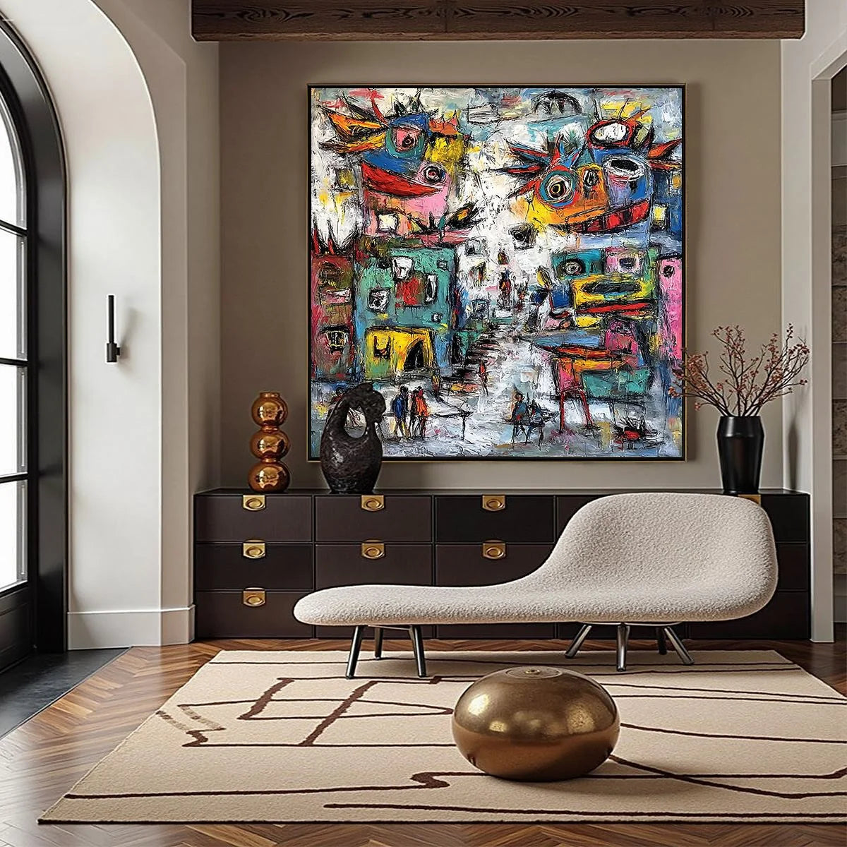 URBAN FANTASIA: Vibrant and Textured Abstract Cityscape Painting | Abstract closeup, raised brushwork detail