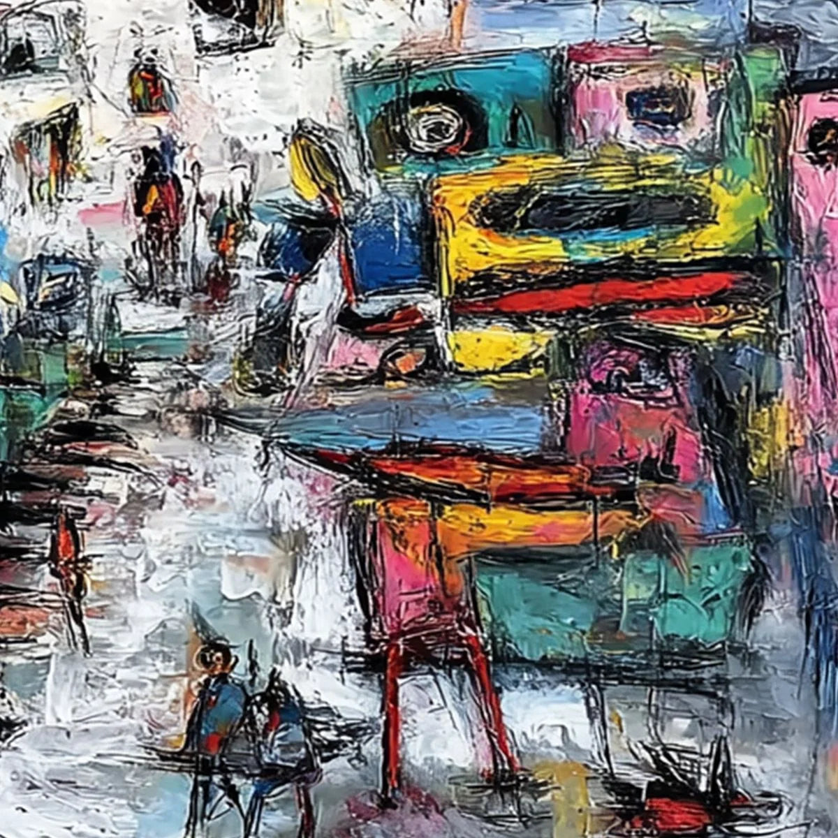 URBAN FANTASIA: Vibrant and Textured Abstract Cityscape Painting | rectangular format, hand-painted canvas edge