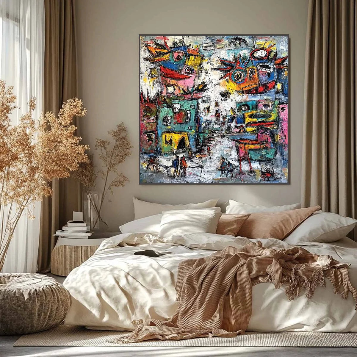 URBAN FANTASIA: Vibrant and Textured Abstract Cityscape Painting | gold frame stretched on neutral wall