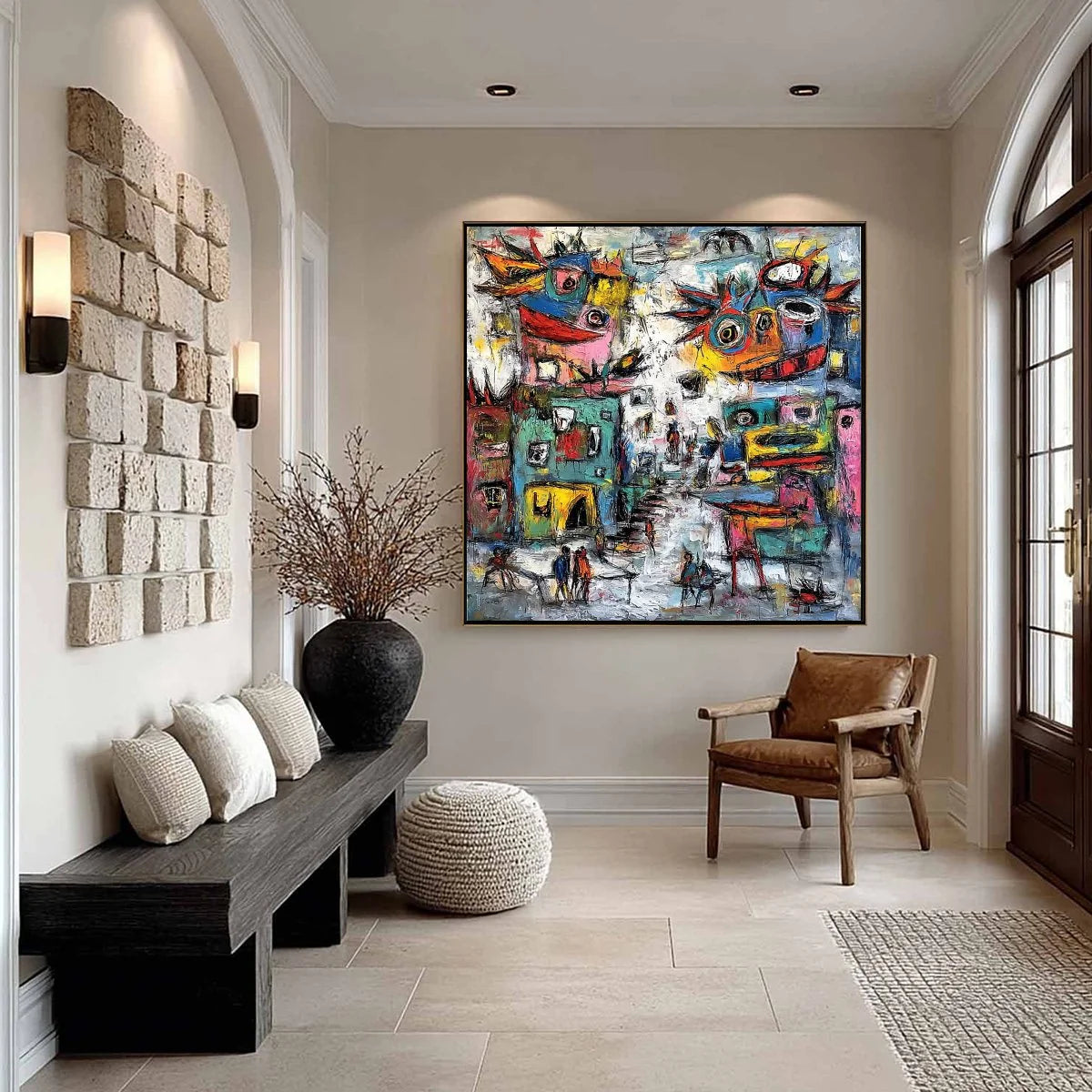 URBAN FANTASIA: Vibrant and Textured Abstract Cityscape Painting | black frame version on white wall