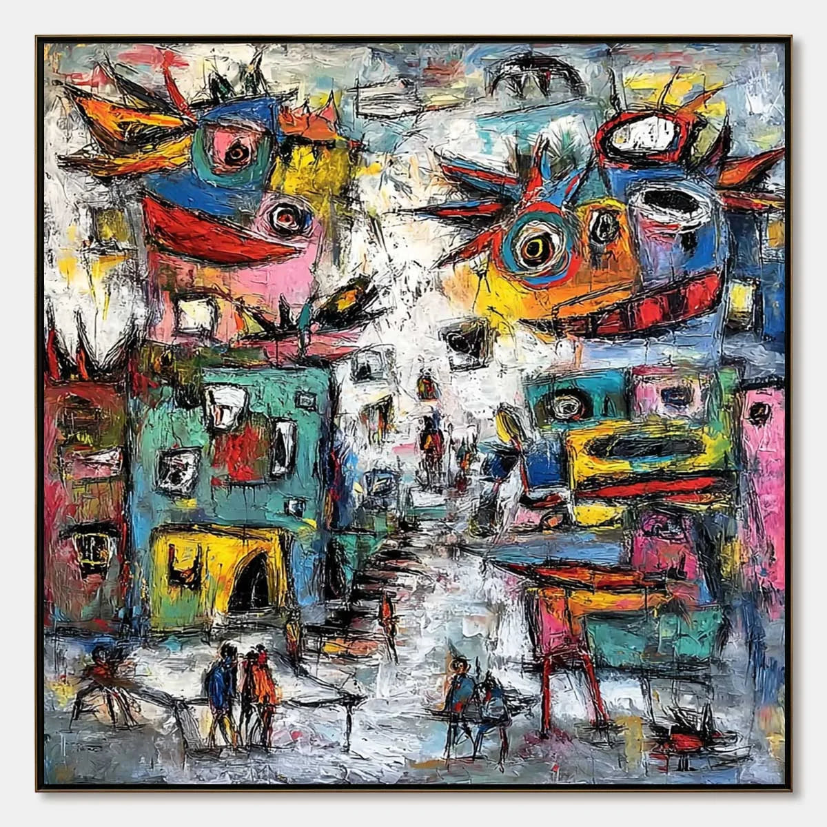 URBAN FANTASIA: Vibrant and Textured Abstract Cityscape Painting | hanging in living room, Abstract wall art