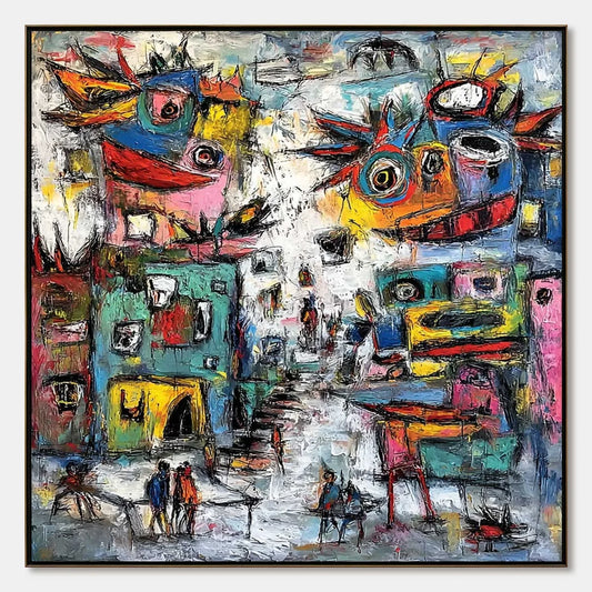 URBAN FANTASIA: Vibrant and Textured Abstract Cityscape Painting | hanging in living room, Abstract wall art