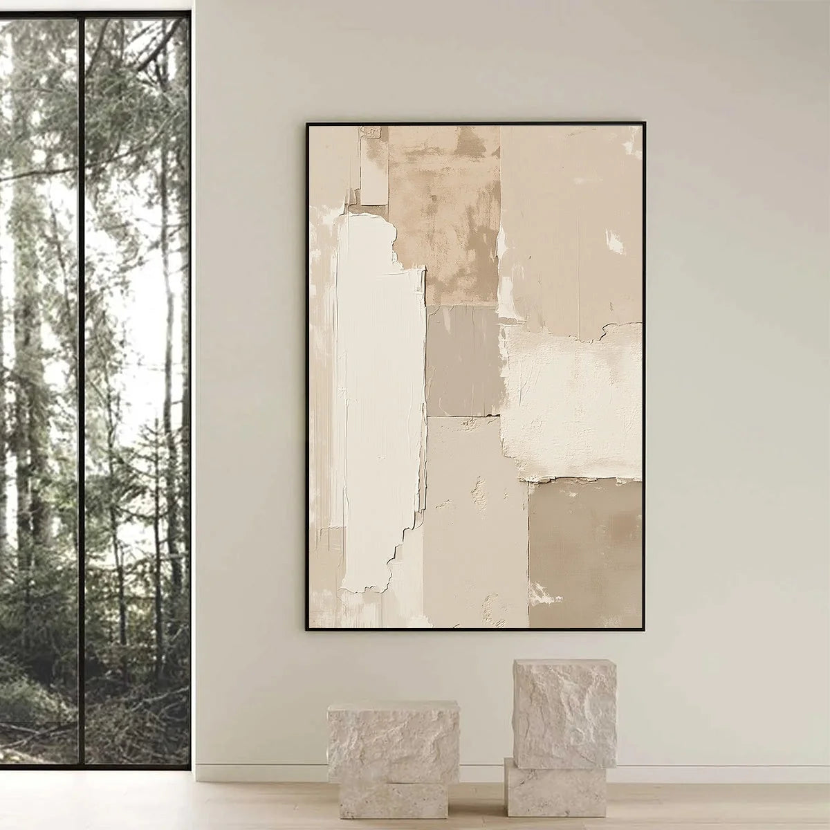 URBAN FOSSIL: Large Vertical Textured Minimalist Abstract Painting | black frame version on white wall