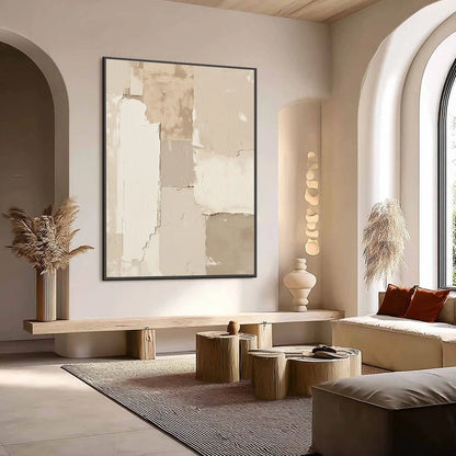 URBAN FOSSIL: Large Vertical Textured Minimalist Abstract Painting | Minimalist mood, soft natural light studio shot