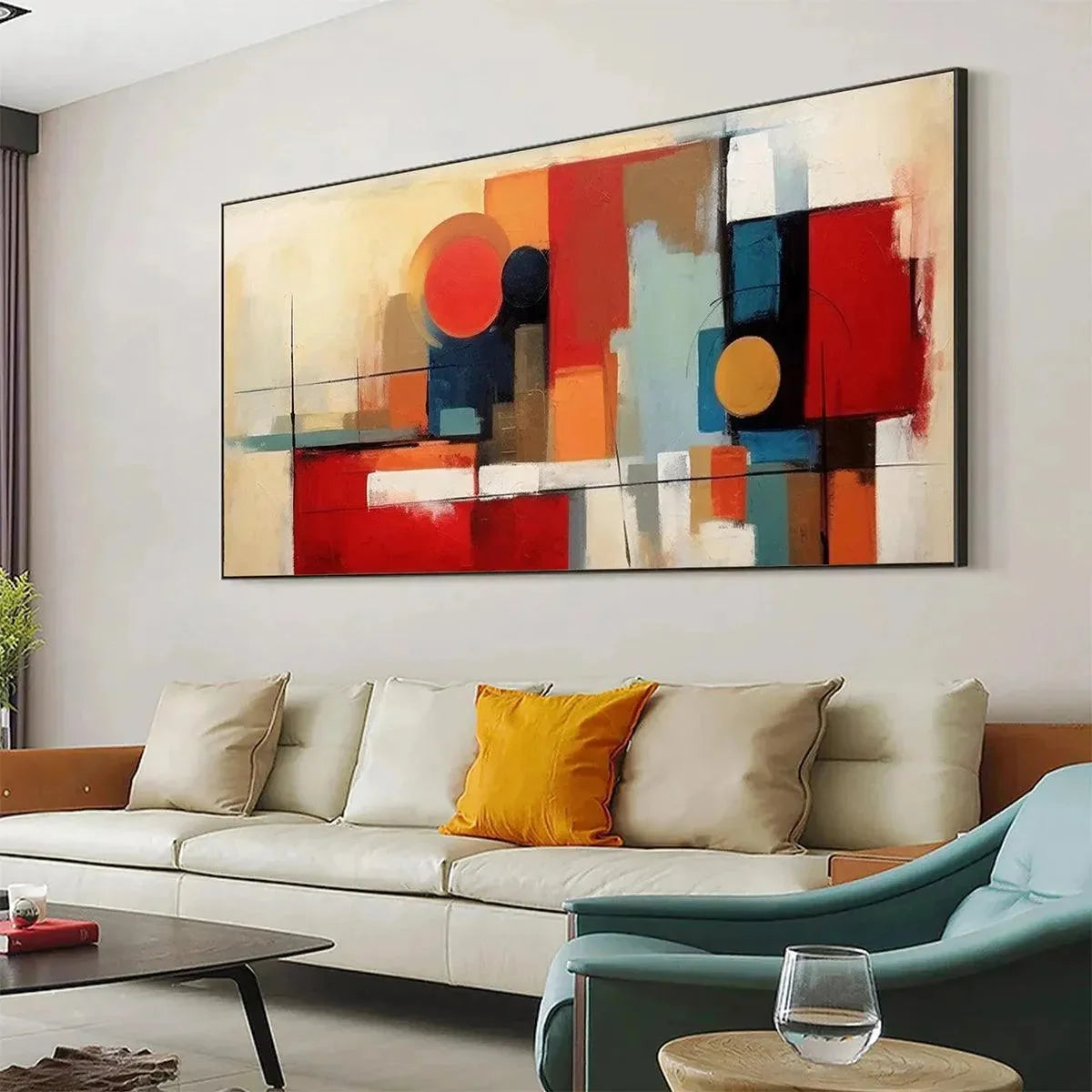 URBAN GEOMETRY: Minimalist Abstract Painting in Red and Gold | gold frame stretched on neutral wall