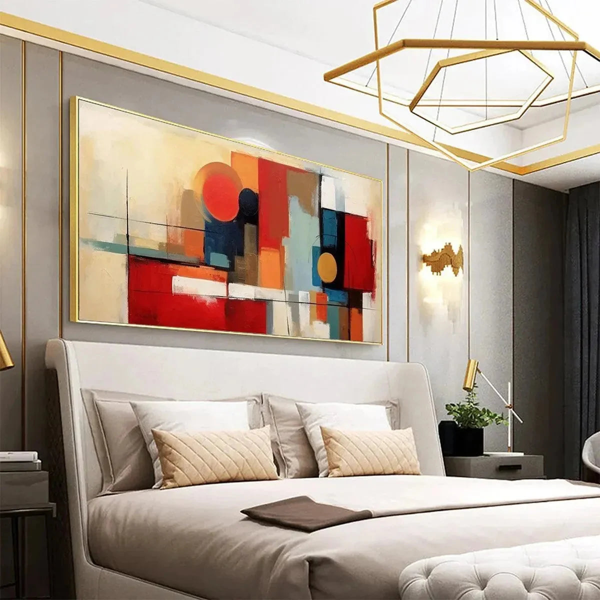 URBAN GEOMETRY: Minimalist Abstract Painting in Red and Gold | black frame version on white wall