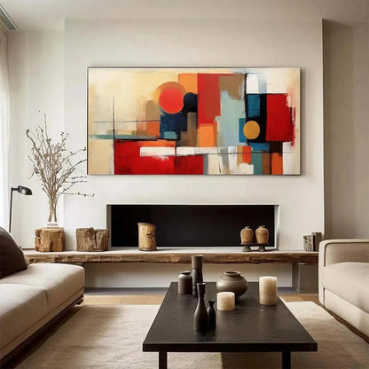 URBAN GEOMETRY: Minimalist Abstract Painting in Red and Gold | Minimalist mood, soft natural light studio shot