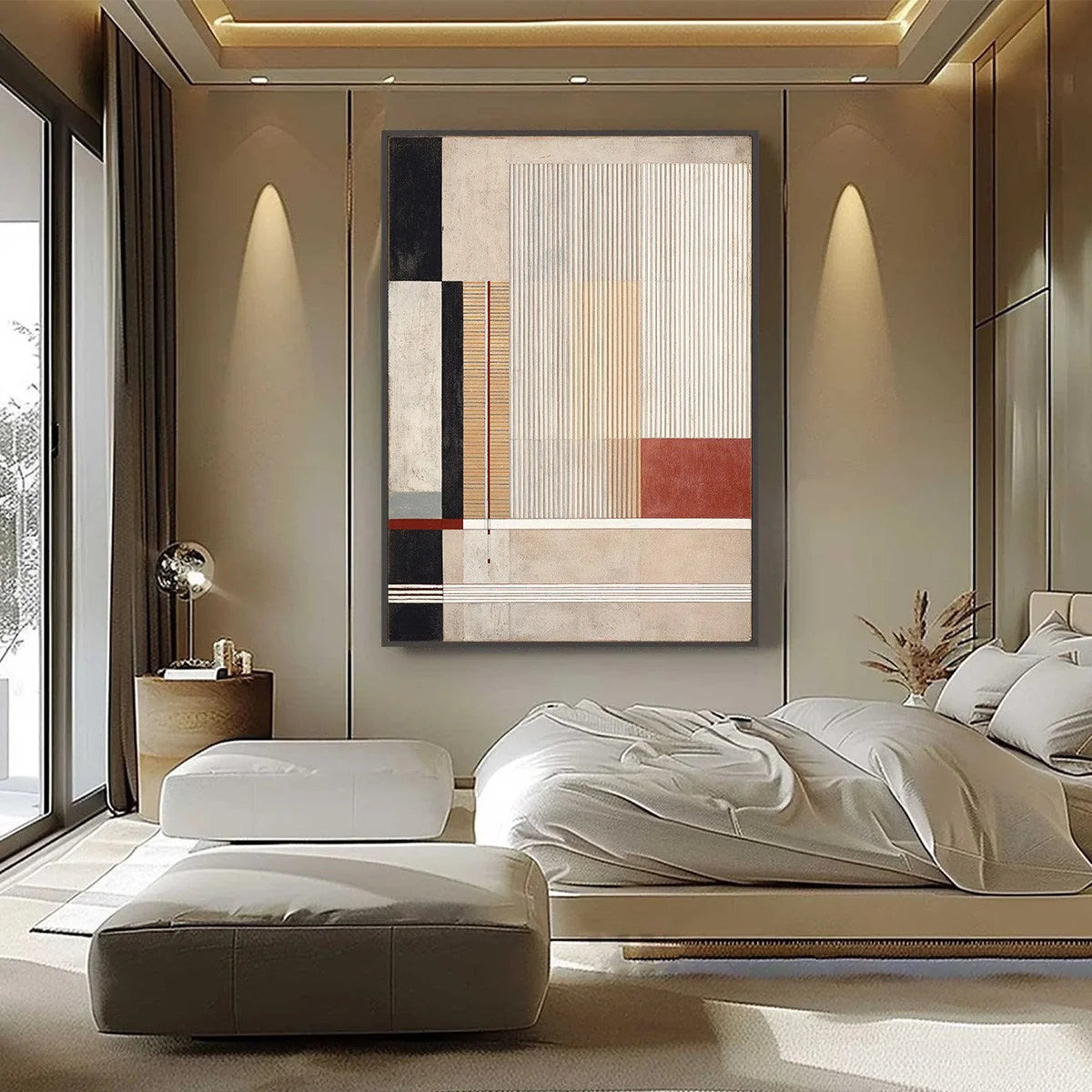 URBAN GRID: Modern Geometric Abstract Architectural Painting | gold frame stretched on neutral wall