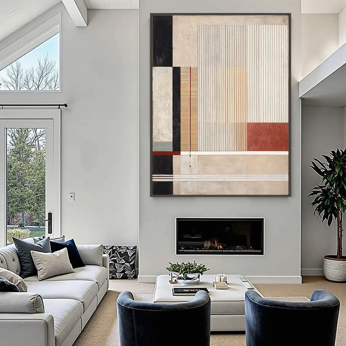 URBAN GRID: Modern Geometric Abstract Architectural Painting | black frame version on white wall