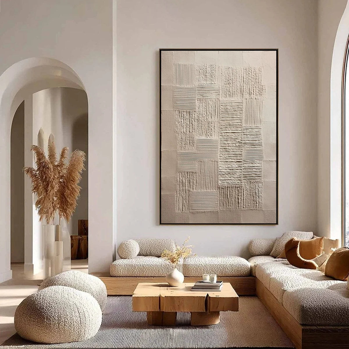 URBAN GRID: Textured Beige Minimalist Abstract Wabi Sabi Wall Art | gold frame stretched on neutral wall