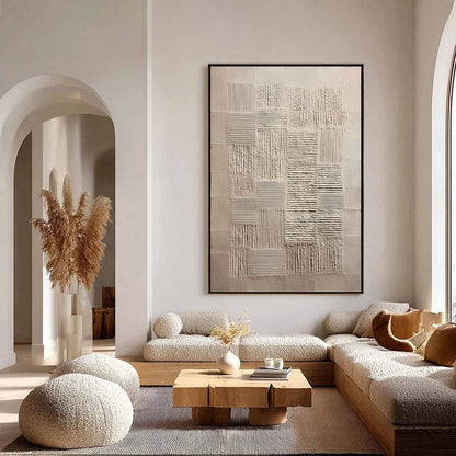 URBAN GRID: Textured Beige Minimalist Abstract Wabi Sabi Wall Art | gold frame stretched on neutral wall