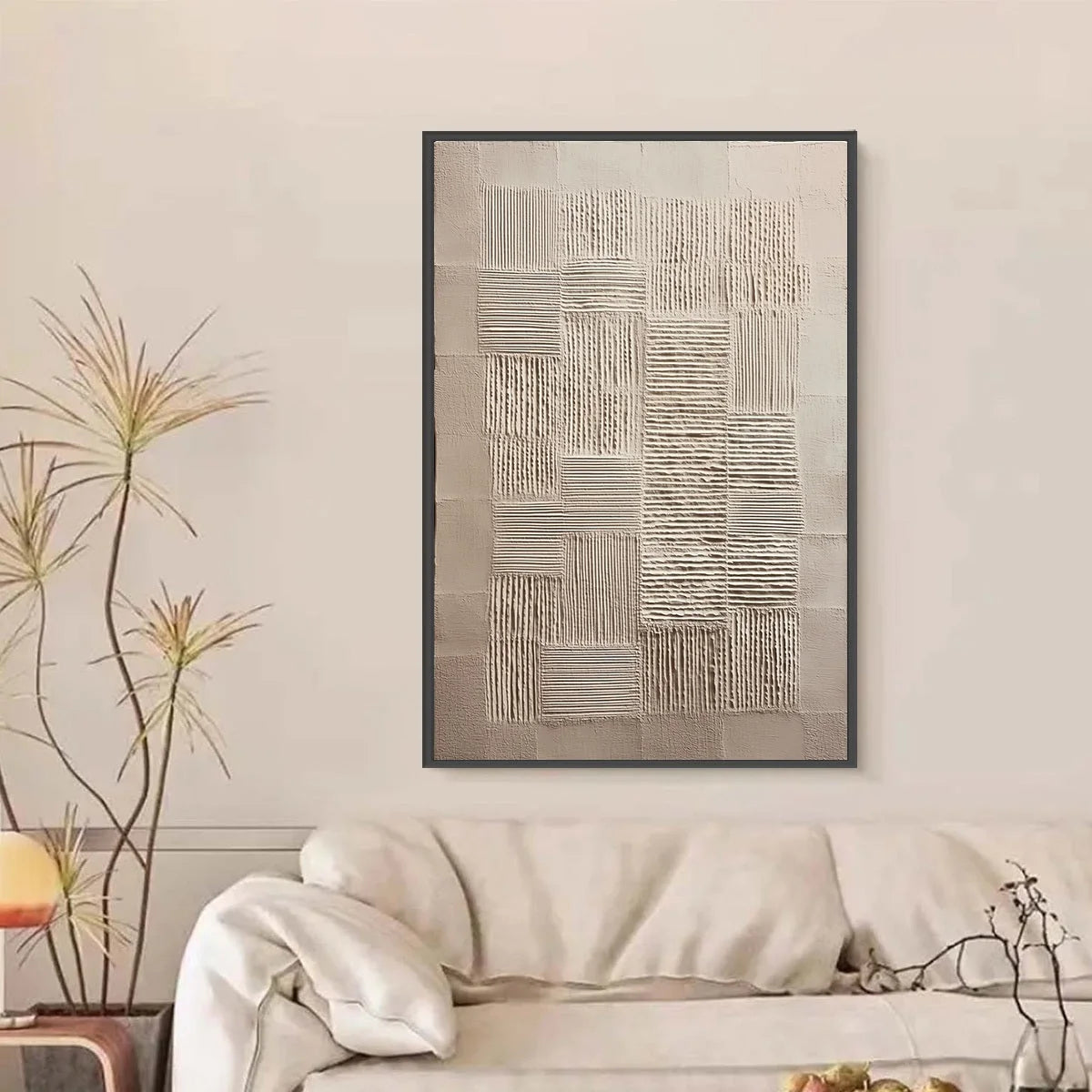 URBAN GRID: Textured Beige Minimalist Abstract Wabi Sabi Wall Art | black frame version on white wall