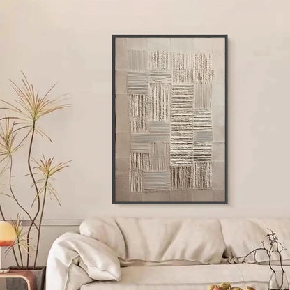 URBAN GRID: Textured Beige Minimalist Abstract Wabi Sabi Wall Art | black frame version on white wall