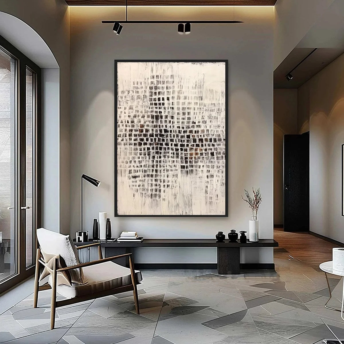 URBAN GRID: Textured Minimalist Abstract Painting for Modern Decor | Minimalist closeup, raised brushwork detail
