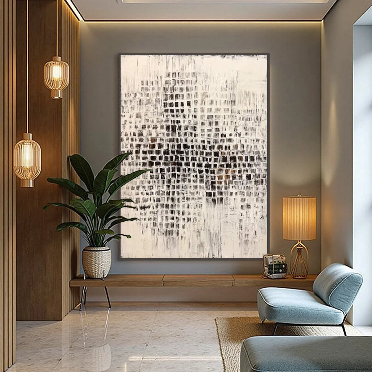 URBAN GRID: Textured Minimalist Abstract Painting for Modern Decor | gold frame stretched on neutral wall