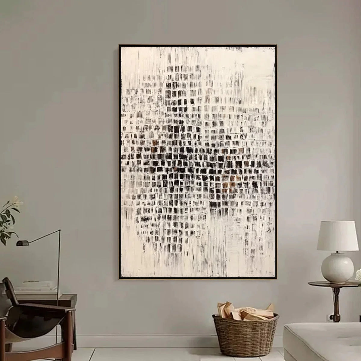 URBAN GRID: Textured Minimalist Abstract Painting for Modern Decor | black frame version on white wall