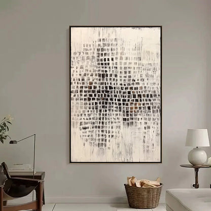 URBAN GRID: Textured Minimalist Abstract Painting for Modern Decor | black frame version on white wall