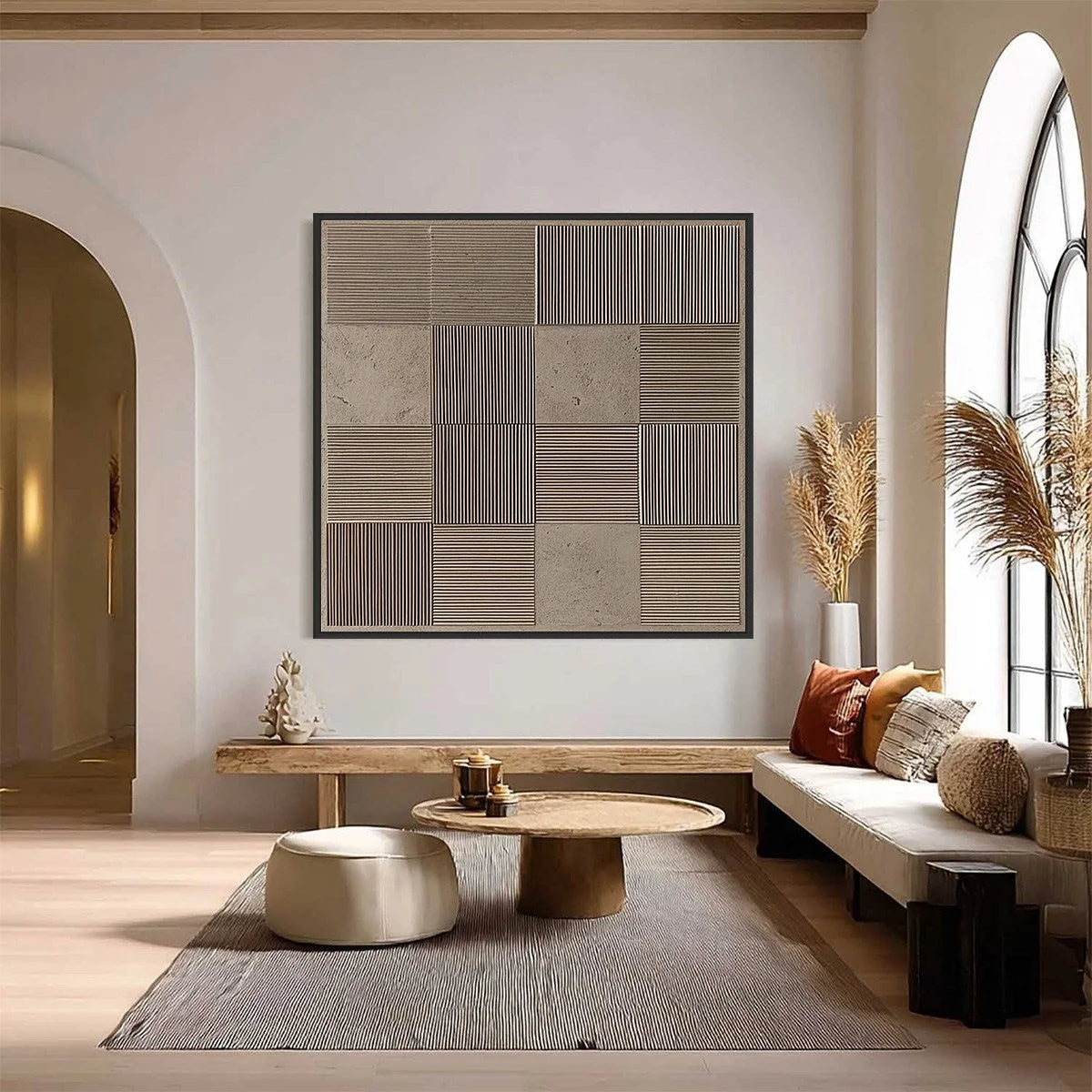 URBAN GRID: Textured Minimalist Abstract Painting in Neutral Tones | Minimalist closeup, raised brushwork detail