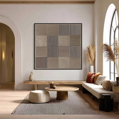 URBAN GRID: Textured Minimalist Abstract Painting in Neutral Tones | Minimalist closeup, raised brushwork detail