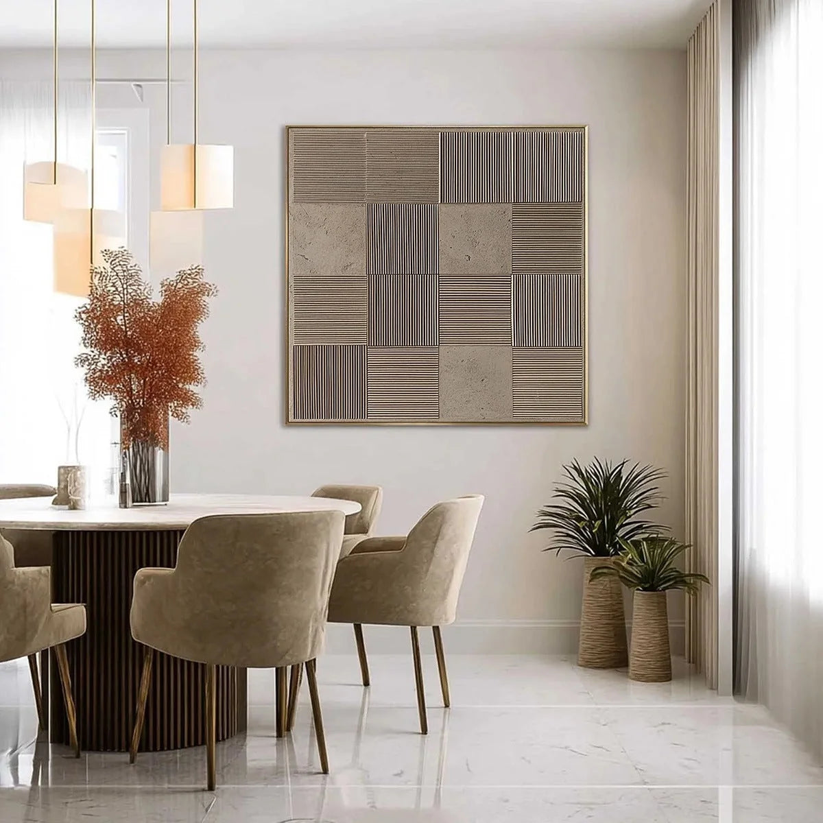 URBAN GRID: Textured Minimalist Abstract Painting in Neutral Tones | gold frame stretched on neutral wall