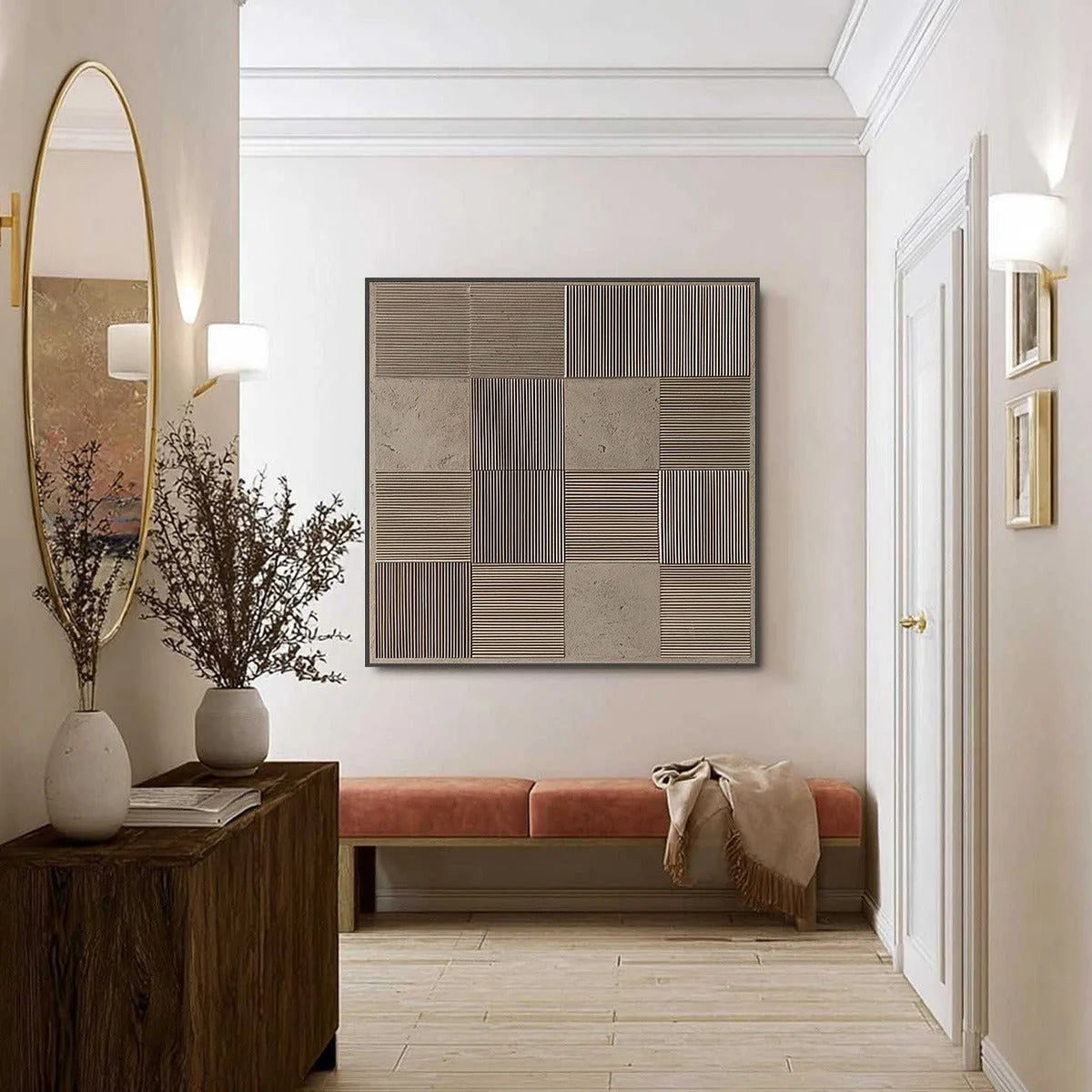 URBAN GRID: Textured Minimalist Abstract Painting in Neutral Tones | black frame version on white wall