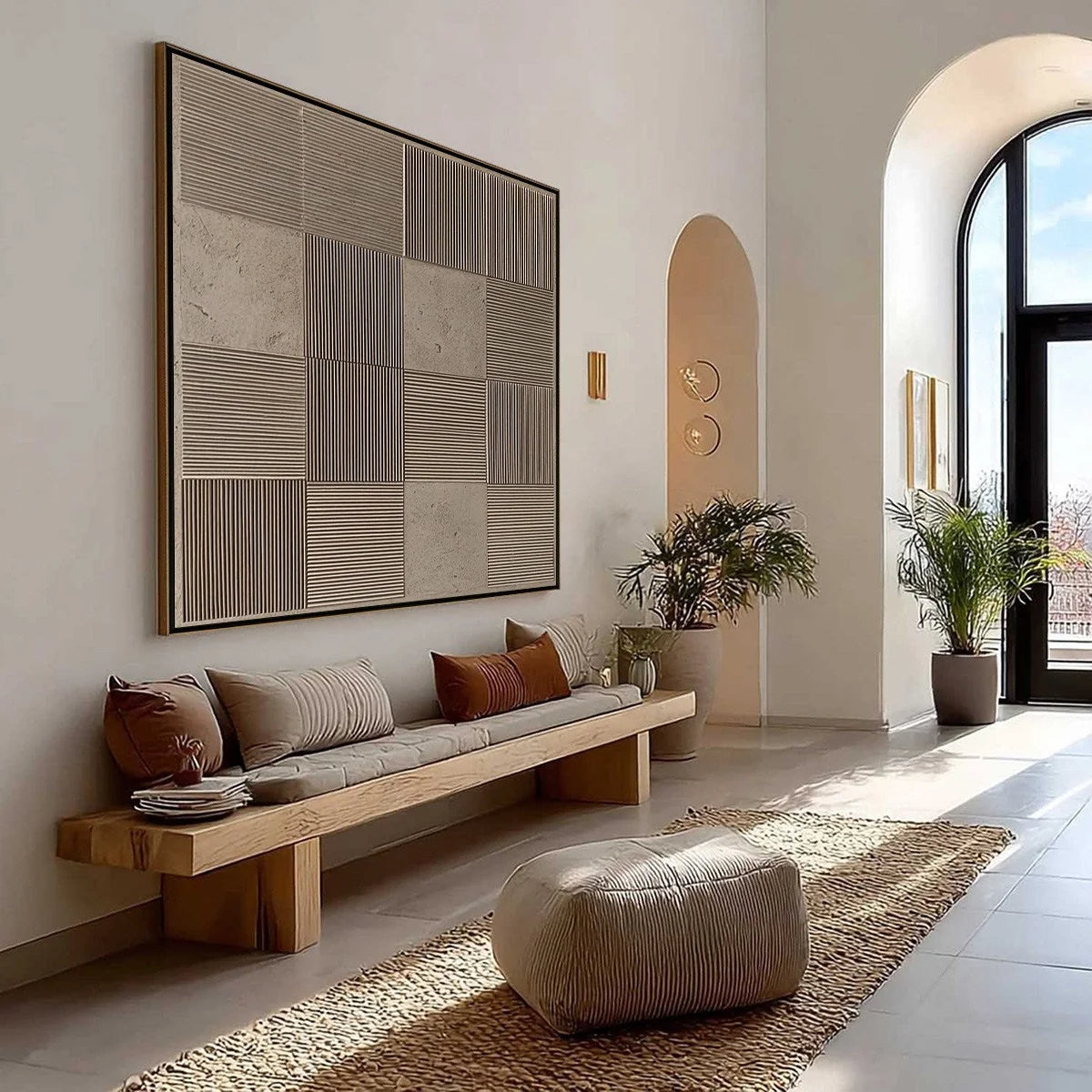 URBAN GRID: Textured Minimalist Abstract Painting in Neutral Tones | Minimalist mood, soft natural light studio shot
