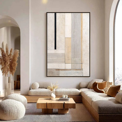 URBAN GRID: Textured Minimalist Architectural Abstract Painting | gold frame stretched on neutral wall