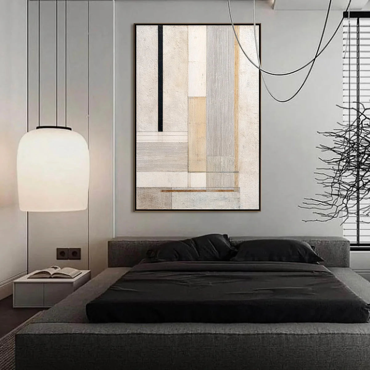 URBAN GRID: Textured Minimalist Architectural Abstract Painting | black frame version on white wall
