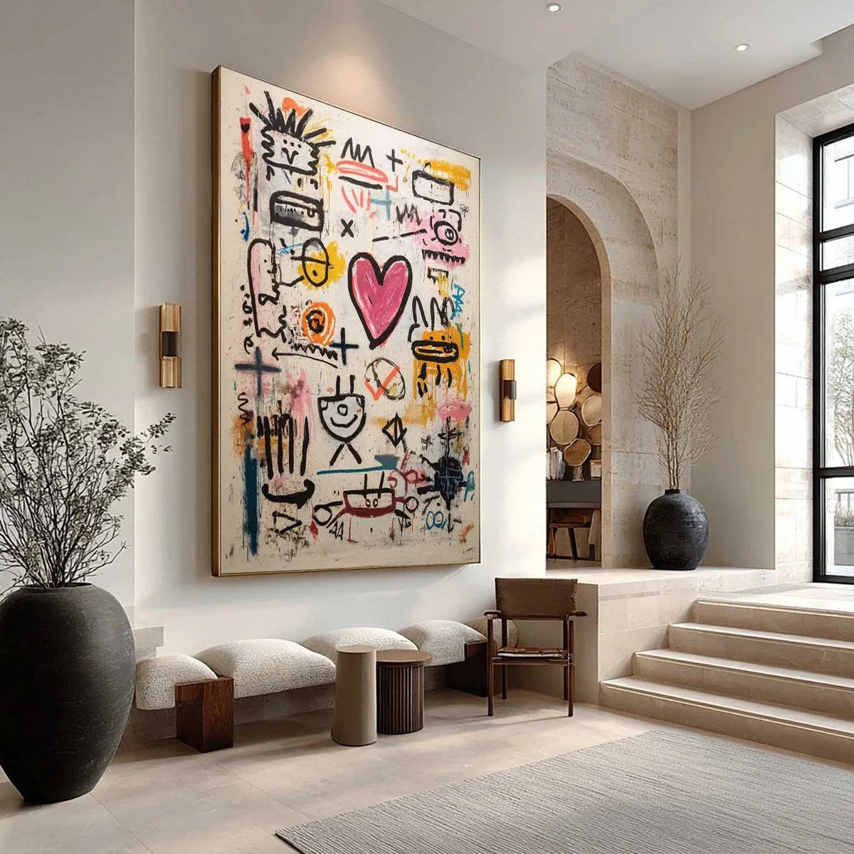 URBAN HEARTBEAT: Graffiti-Style Abstract Oil Painting | gold frame stretched on neutral wall