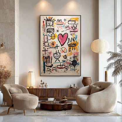 URBAN HEARTBEAT: Graffiti-Style Abstract Oil Painting | black frame version on white wall
