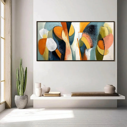 URBAN JUBILEE: Large Colorful Abstract Textured Oil Painting for Modern Decor | gold frame stretched on neutral wall