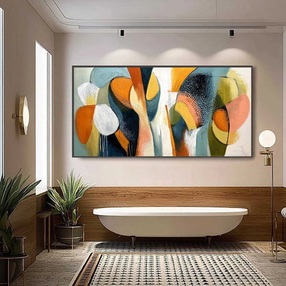 URBAN JUBILEE: Large Colorful Abstract Textured Oil Painting for Modern Decor | black frame version on white wall